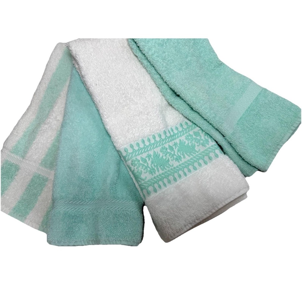 Vintage Mint Green White Towel Set Martex Wamsutta Cannon Cotton Made in USA 4pc